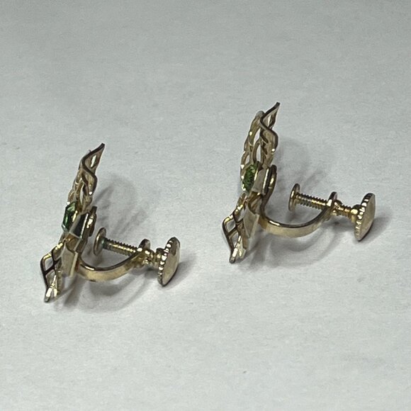 Vintage Filigree Screw Back Earrings With Green Rhinestones - Picture 3 of 7